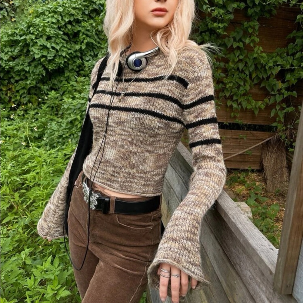 Space Dye Stripe Pattern Bell Sleeve Grunge Jumper